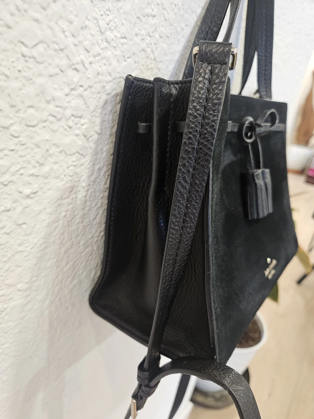 Kate Spade Black Suede Leather Hayes Small Satchel Tassel Bow Handbag